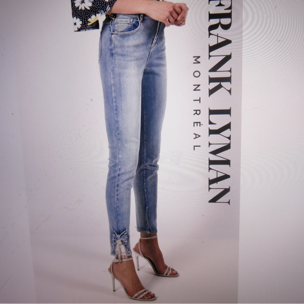 Frank Lyman Denim Pant w Embellished Ankle Bow Lace Rhinestone Jeans